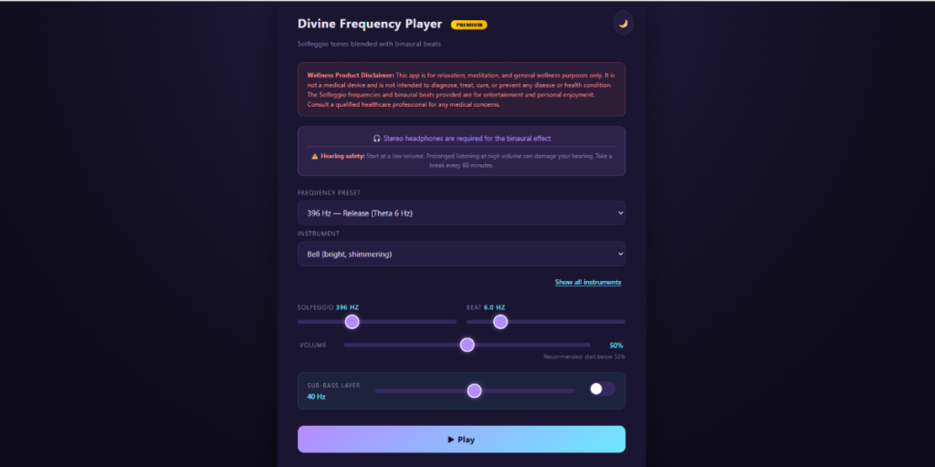 Divine Frequency Player interface showing Solfeggio presets and instrument controls
